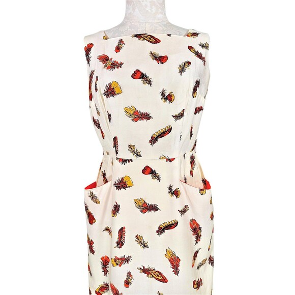 Vintage Cover Girl of Miami Feather Print Retro Sheath Dress - Picture 2 of 16